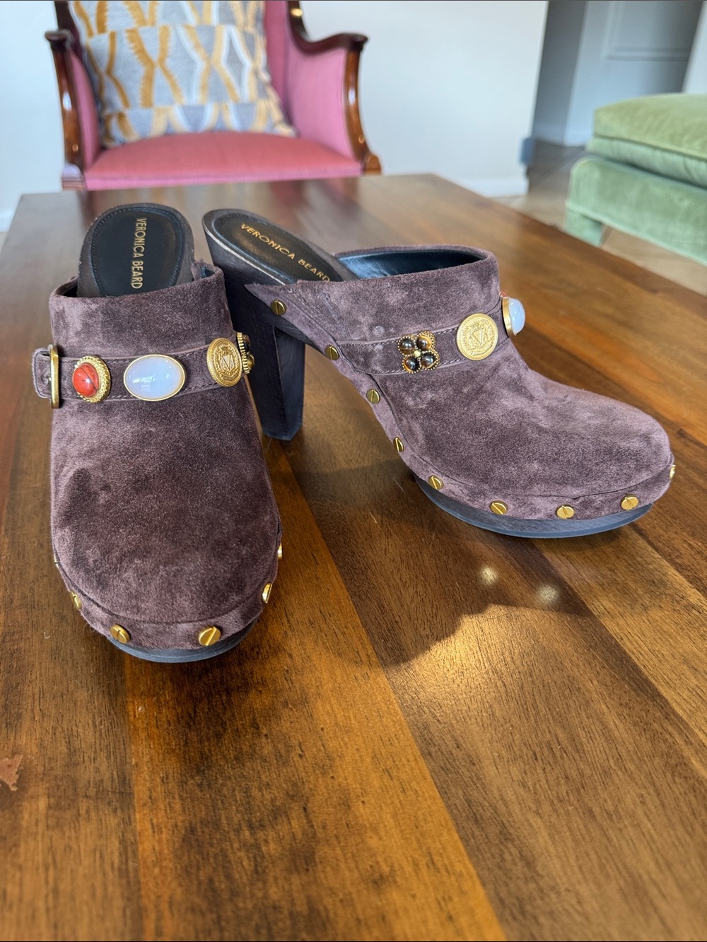 Chocolate Suede Studded Clog Mules